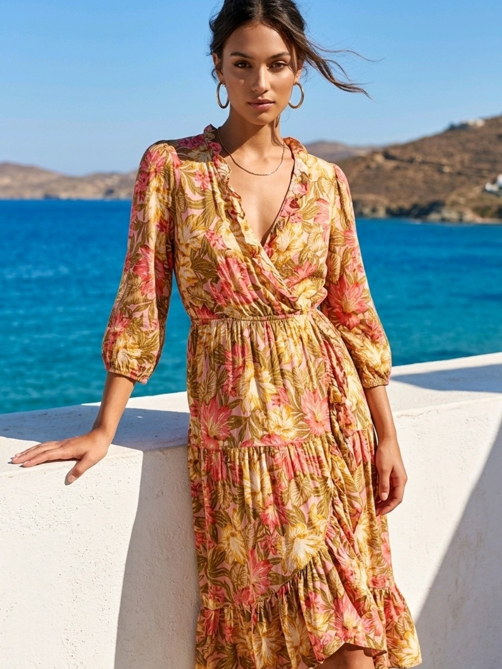 Petal & Pup Pink and Gold Floral Wrap Midi Dress with Ruffle Trim